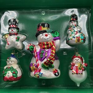 Lumiere Snowman Hand Blown Glass Christmas Ornament Set 5 Boxed Vintage 1998